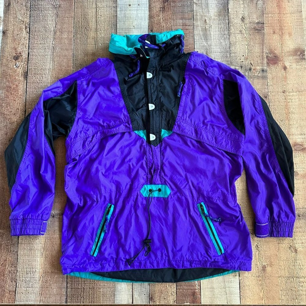Vintage REI womens Color block lightweight jacket L half zip colorful hiden hood